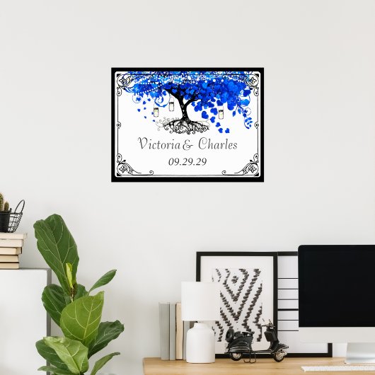 Cobalt Blue Heart Leaf Tree Wedding Poster (Heimbüro)