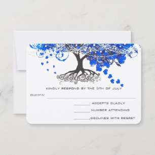 Cobalt Blue Heart Leaf Tree Wedding RSVP Karte