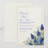 Cobalt Blue Muscari Botanical Gold Frame Wedding Einladung (Vorne/Hinten)