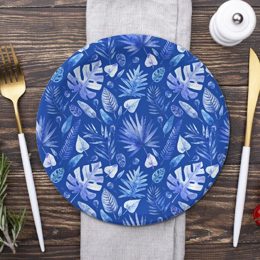 Cobalt Blue on Blue Tropical Blätter Muster 7" Pappteller