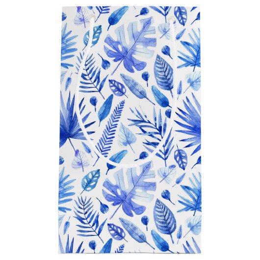 Cobalt Blue on White Tropical Blätter Muster Kleine Geschenktüte (Vorderseite)