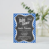 Cobalt Blue Quatrefoil; Retro Chalkboard Einladungspostkarte (Stehend Vorderseite)