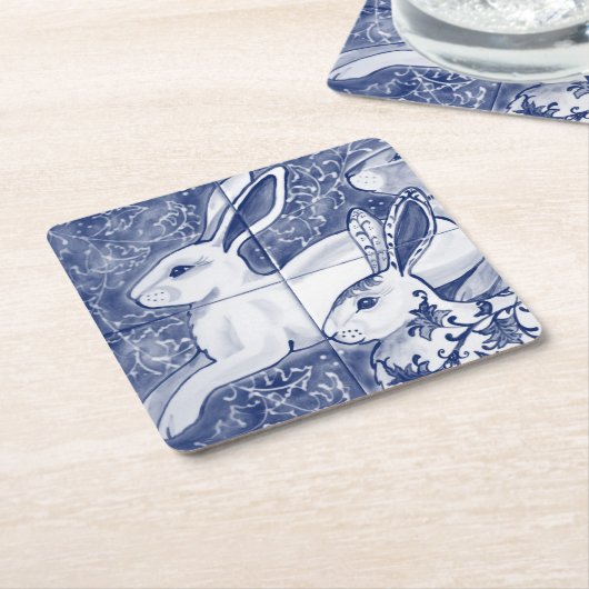 Cobalt Blue Rabbit Chinoiserie Dedham Delft Navy Rechteckiger Pappuntersetzer (angewinkelt)