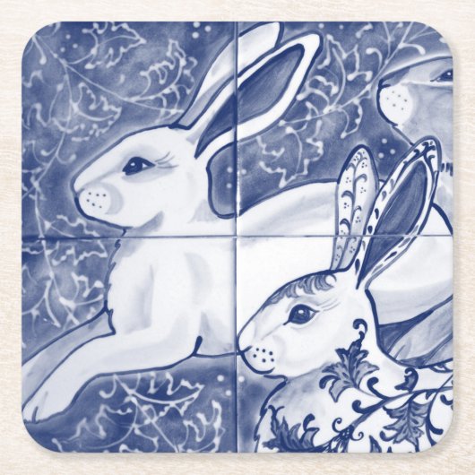 Cobalt Blue Rabbit Chinoiserie Dedham Delft Navy Rechteckiger Pappuntersetzer (Vorderseite)