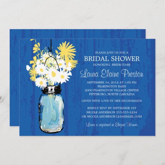 Cobalt Blue Rustic Mason Jar und Yellow Daisies Einladung (Vorne/Hinten)