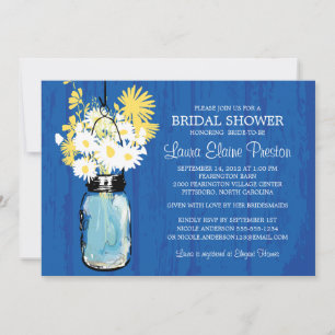 Cobalt Blue Rustic Mason Jar und Yellow Daisies Einladung