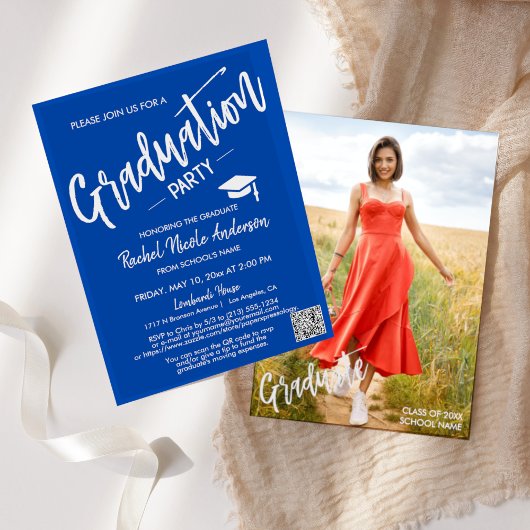 Cobalt Blue Script QR Code Foto Graduation Party Einladung