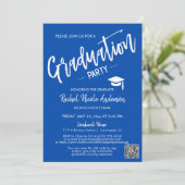 Cobalt Blue Script QR Code Foto Graduation Party Einladung (Stehend Vorderseite)