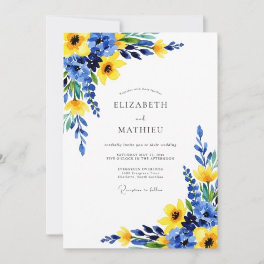 Cobalt Blue Sunny Botanical Wedding Einladung (Vorderseite)