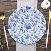 Cobalt Blue Tropical Blätter Muster 7" Pappteller
