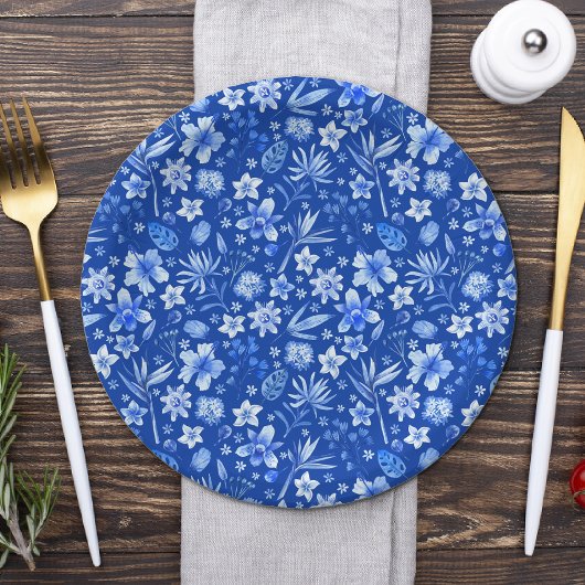 Cobalt Blue Tropical Blume und Blätter Muster 7" Pappteller