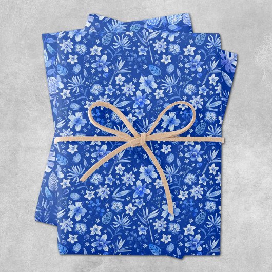 Cobalt Blue Tropical Flowers and Leaves 3 Patterns Geschenkpapier Set