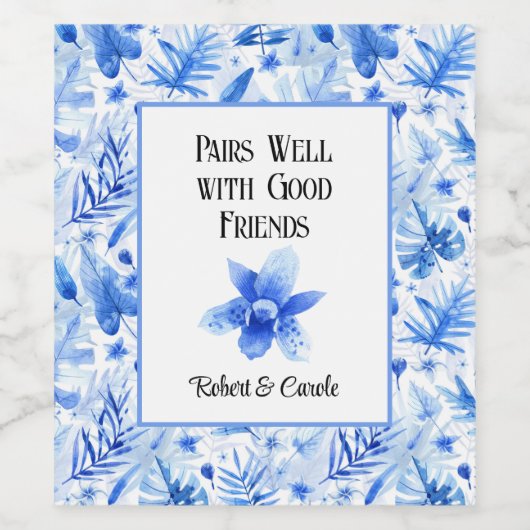 Cobalt Blue Tropical Pattern, Orchid-Blume Weinetikett (Einzelnes Label)