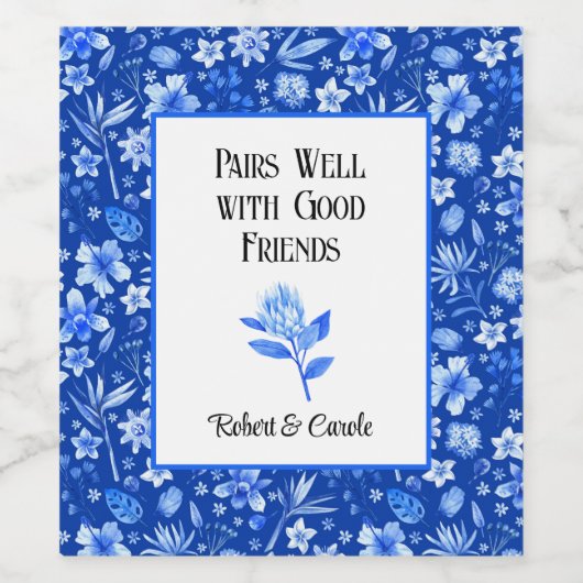 Cobalt Blue Tropical Pattern, Protea Blume Weinetikett (Einzelnes Label)