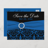 Cobalt Blue und Black Damask Save the Date Card Ankündigungspostkarte (Vorne/Hinten)