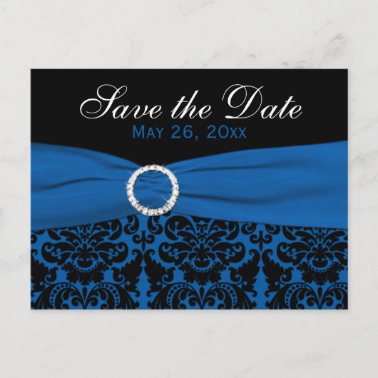 Cobalt Blue und Black Damask Save the Date Card Ankündigungspostkarte (Vorderseite)