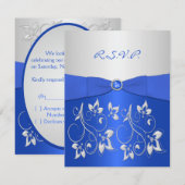 Cobalt Blue und Silver Floral RSVP Card Karte (Vorne/Hinten)