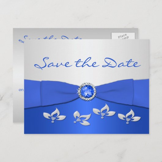 Cobalt Blue und Silver Floral Save the Date Card Ankündigungspostkarte (Vorne/Hinten)