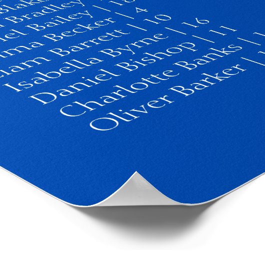 Cobalt Blue Wedding Alphabetical Seating Chart Poster (Ecke)