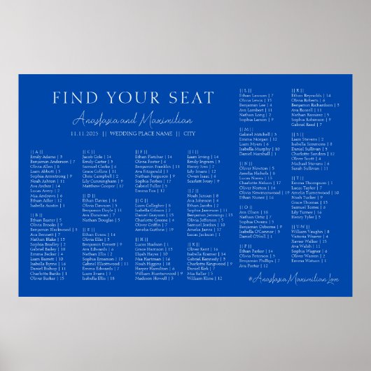 Cobalt Blue Wedding Alphabetical Seating Chart Poster (Vorne)