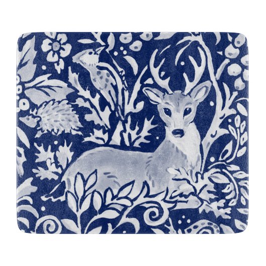 Cobalt Blue White Deer Woodland Tapestyle Schneidebrett (Vorderseite)
