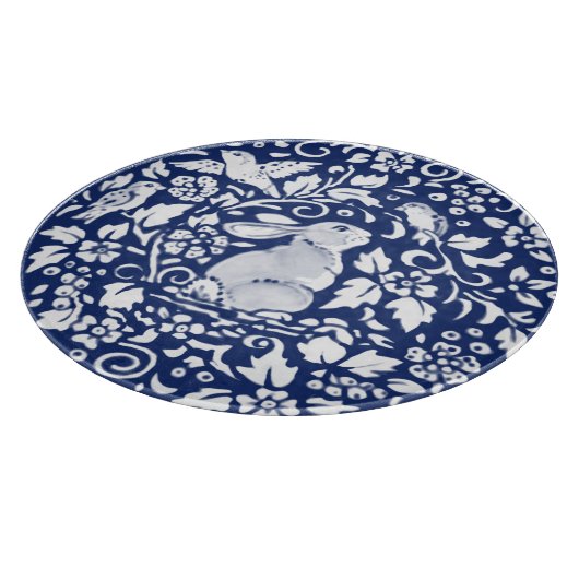Cobalt Blue White Rabbit Bunny Bird Elegante Flora Schneidebrett (Ecke)