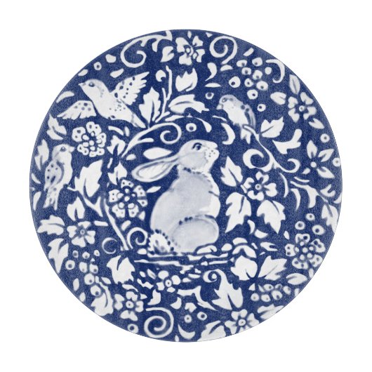 Cobalt Blue White Rabbit Bunny Bird Elegante Flora Schneidebrett (Vorderseite)