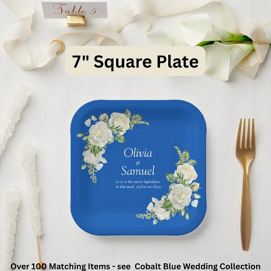 Cobalt Blue & White Roses 7" Square Pappteller