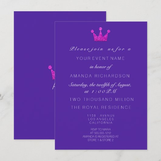 Cobalt Lila PinkCrown Royal Glitzer 16. Bridal Einladung (Vorne/Hinten)
