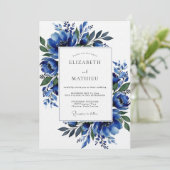 Cobalt Lush Blossom Wedding Einladung (Stehend Vorderseite)