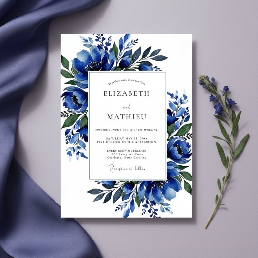 Cobalt Lush Blossom Wedding Einladung