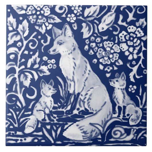 Cobalt Navy Blue Cobalt Fox Family Floral Animal Fliese (Vorderseite)
