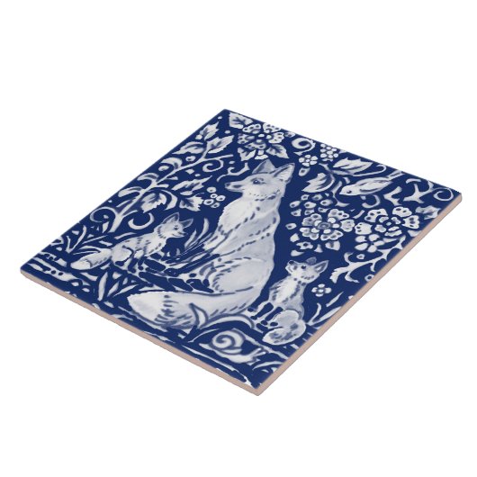 Cobalt Navy Blue Cobalt Fox Family Floral Animal  Fliese (Seite)