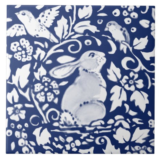 Cobalt Navy Blue Rabbit Bird Dedham Delft Morris C Fliese (Vorderseite)