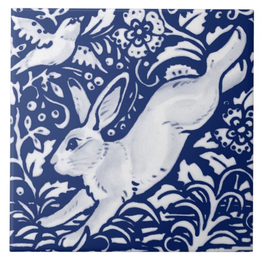 Cobalt Navy Blue Rabbit Bird Dedham Delft Morris  Fliese (Vorderseite)