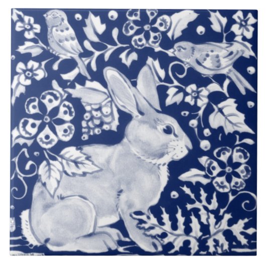 Cobalt Navy Blue Rabbit Bird Dedham Delft Morris  Fliese (Vorderseite)