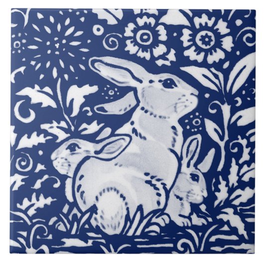 Cobalt Navy Blue Rabbit Bunny Dedham Delft Morris  Fliese (Vorderseite)