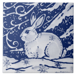Cobalt Navy Blue Rabbit Winter Snow Scene Dedham Fliese