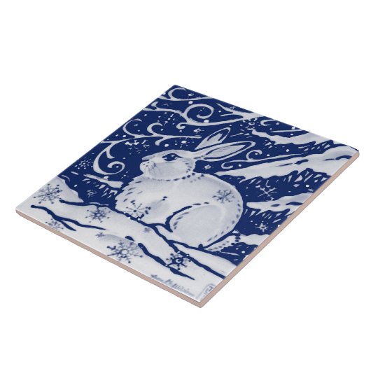 Cobalt Navy Blue Rabbit Winter Snow Scene Dedham Fliese (Seite)