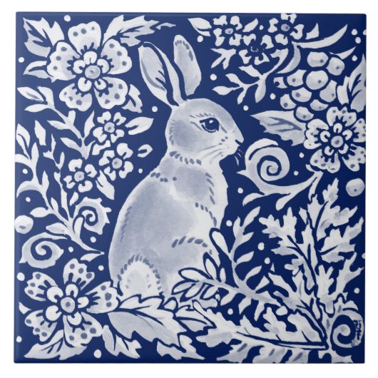 Cobalt Navy Blue Rabbit Woodland Delft Dedham Fliese (Vorderseite)