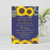 Cobalt Navy Blue Wood Sonnenblume Rustikale Hochze Einladung (Stehend Vorderseite)
