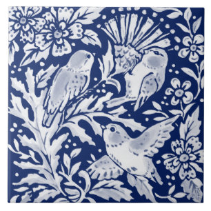Cobalt Navy Blue Woodland Animal Birds on Thistle Fliese