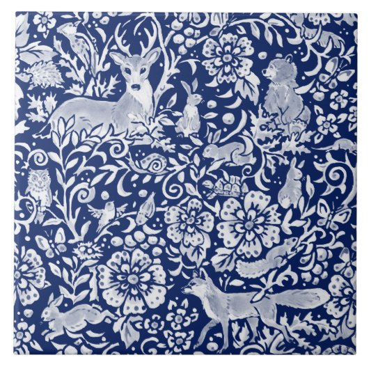 Cobalt Navy Blue Woodland Animal Fox Kaninchen Hir Fliese (Vorderseite)