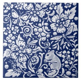 Cobalt Navy Blue Woodland Animal Mouse Bee Insekt Fliese
