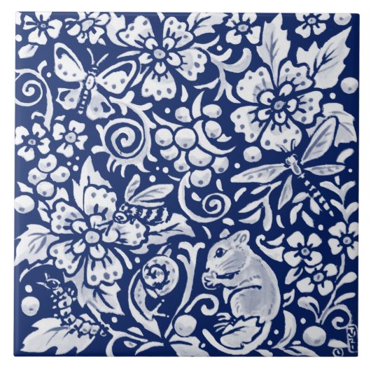 Cobalt Navy Blue Woodland Animal Mouse Bee Insekt Fliese (Vorderseite)