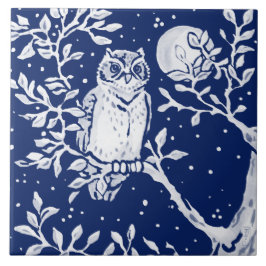 Cobalt Navy Blue Woodland Animal Owl Night Moon Fliese