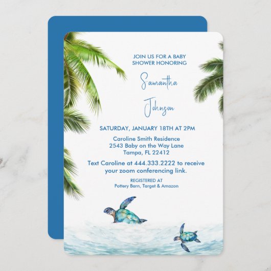 Cobalt Sea Turtle Tropical Baby Dusche Einladung (Vorne/Hinten)