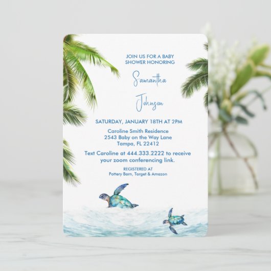 Cobalt Sea Turtle Tropical Baby Dusche Einladung (Stehend Vorderseite)