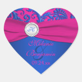 Cobalt und Fuchsia Damask Herz-Aufkleber (Vorderseite)