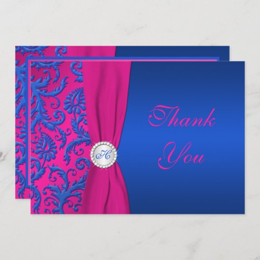 Cobalt und Fuchsia Damask Monogram Dankeschön Kart Dankeskarte (Vorne/Hinten)